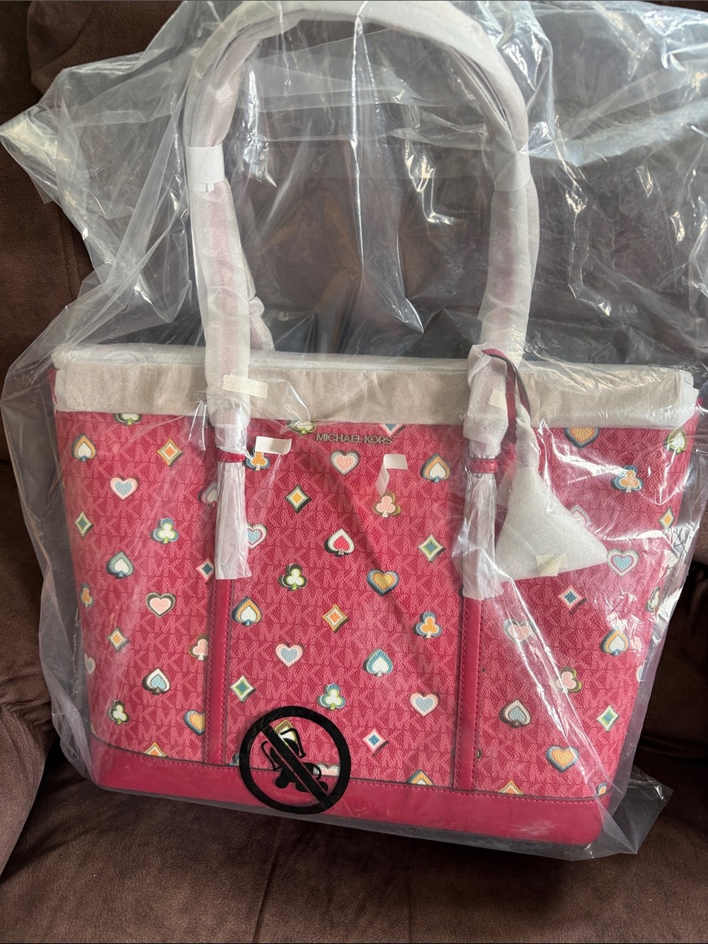 Michael Kors Pink Logo Tote with Multicolor Heart & Club Motifs